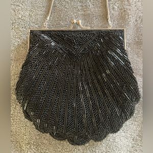 Vintage Valerie Steven’s Black Beaded seashell evening bag, with silver chain.